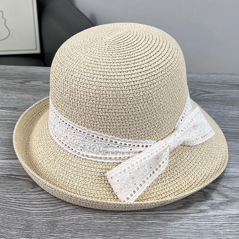 French Elegant Lace Bow Curled Edge Straw Hat Women's Spring and Summer Fashion Sunscreen Sun Hat Seaside Vacation Wind