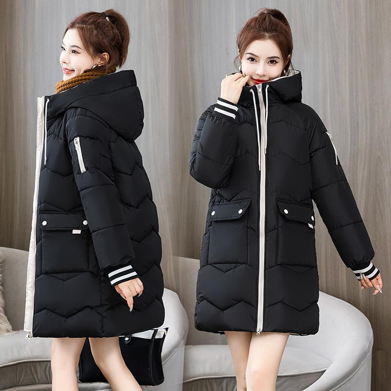 Hooded long women's padded jacket winter loose padded jacket large size thickened down cotton large pocket