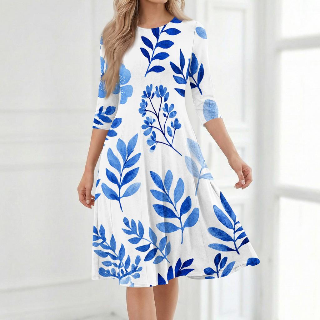 Women's Casual Round Neck Three Quarter Sleeve Floral Print Midi Dress Lightweight Comfortable Fit with Pockets