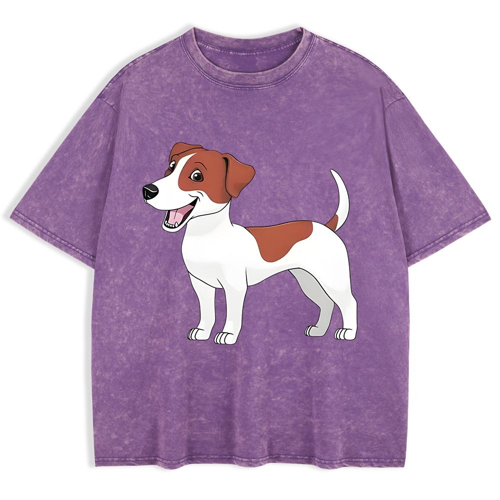 Russell Terrier Puppy Printing Washed T-Shirts Mens Cotton Short Sleeve Tops Street O-Neck Oversize T Shirt Clothes