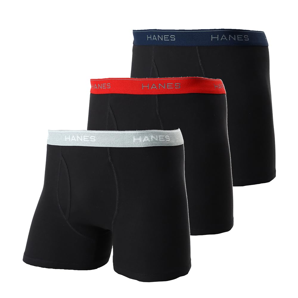 Hanes Boxer Briefs and Size M Men's (3-Pack), Antibacterial, Sanitizing, Clean, Deodorizing, Front-Opening, HM6EP703J, Black/Gray/Red/Navy,