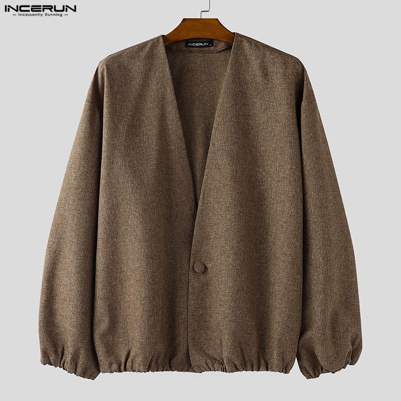 INCERUN Oversized Men Long Sleeve One Button Casual Loose Cardigan Thin Kimono Tops