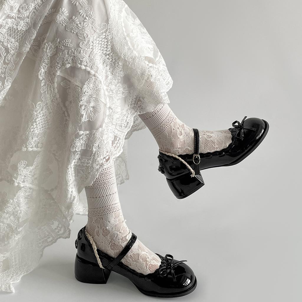 Black French Ballet Style Thick Heel Light Mouth Inner Height Increase Single Shoes Summer Skirt Mary Jane Small Leather
