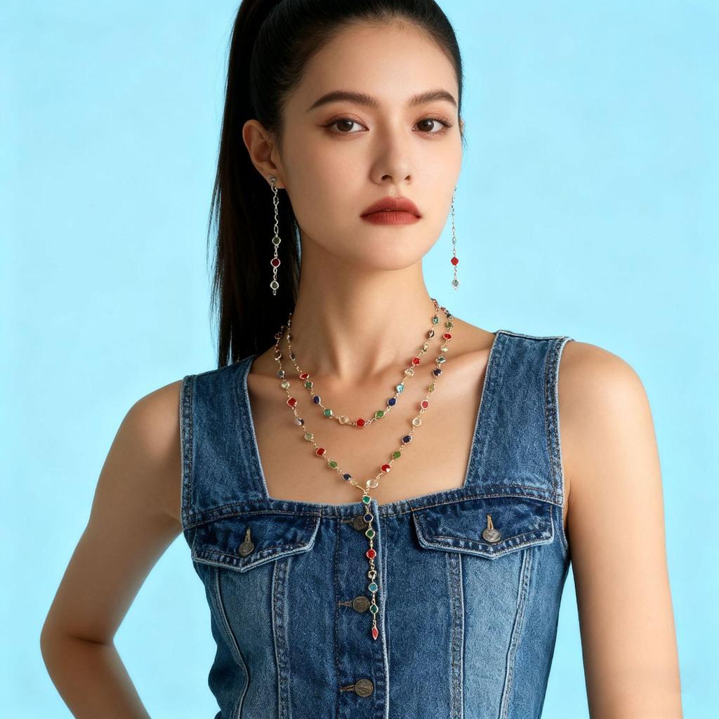 Colorful Rhinestone Y-Shaped Necklace with Faux Pearls & Tassel Sweater Chain