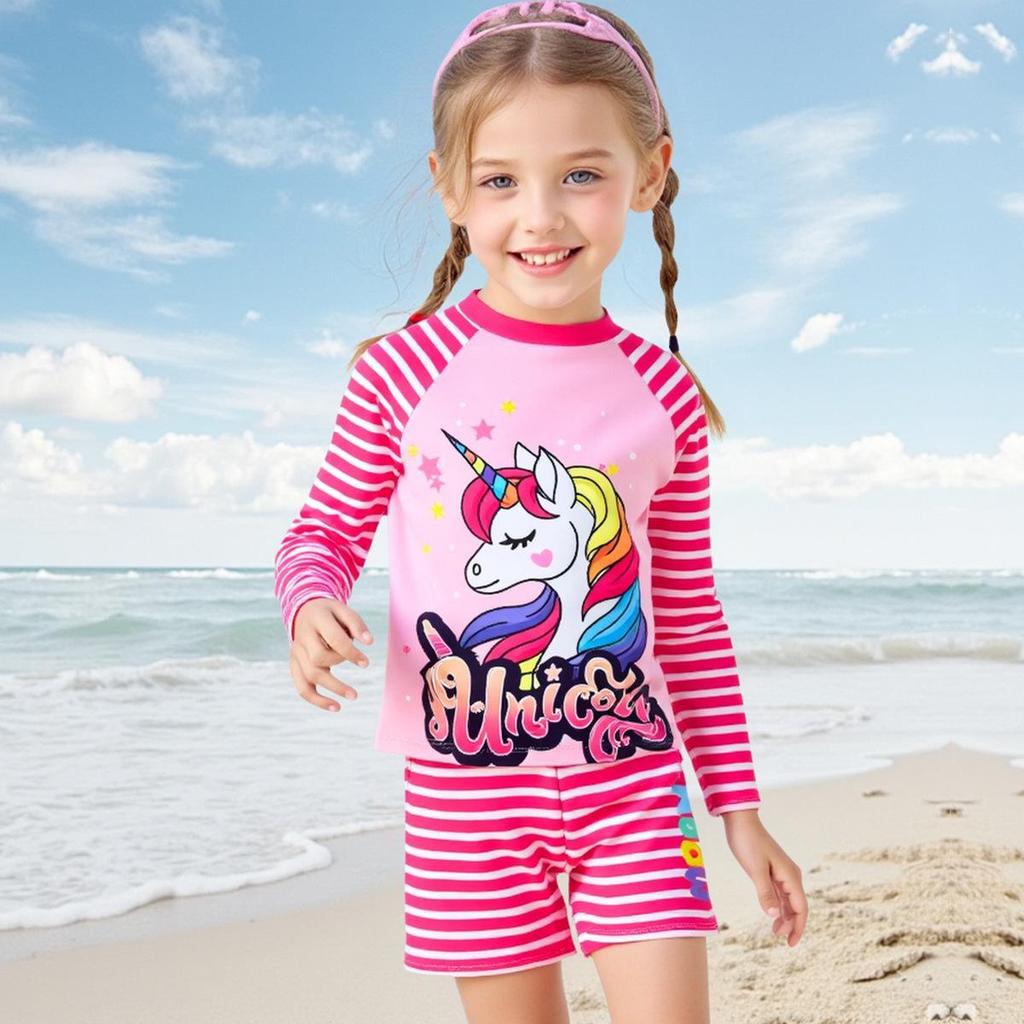 Girls' Long Sleeve Unicorn Striped Swimsuit Set (2025)