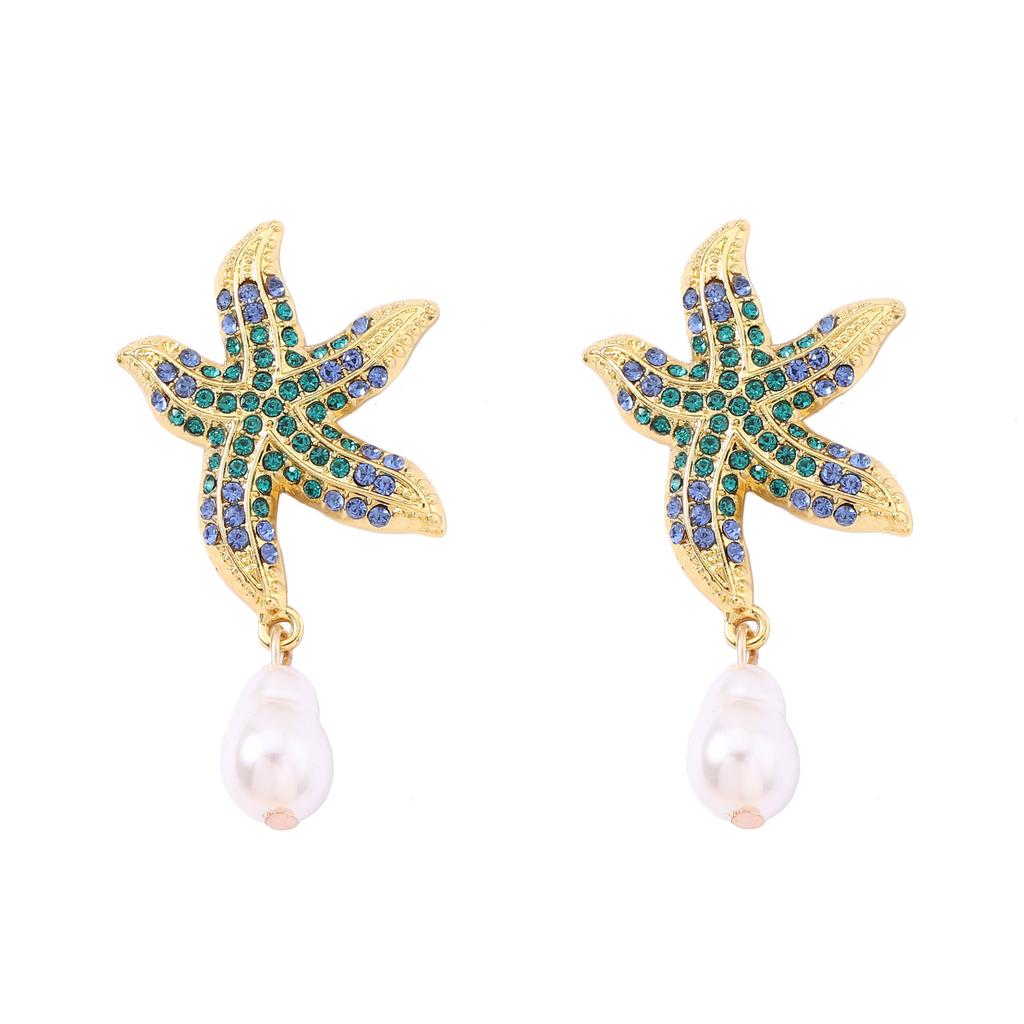Fashion Ocean Wind Diamond Trend Colorful Starfish Ears, Imitation Pearl Pendant Beach Resort Wind Earrings