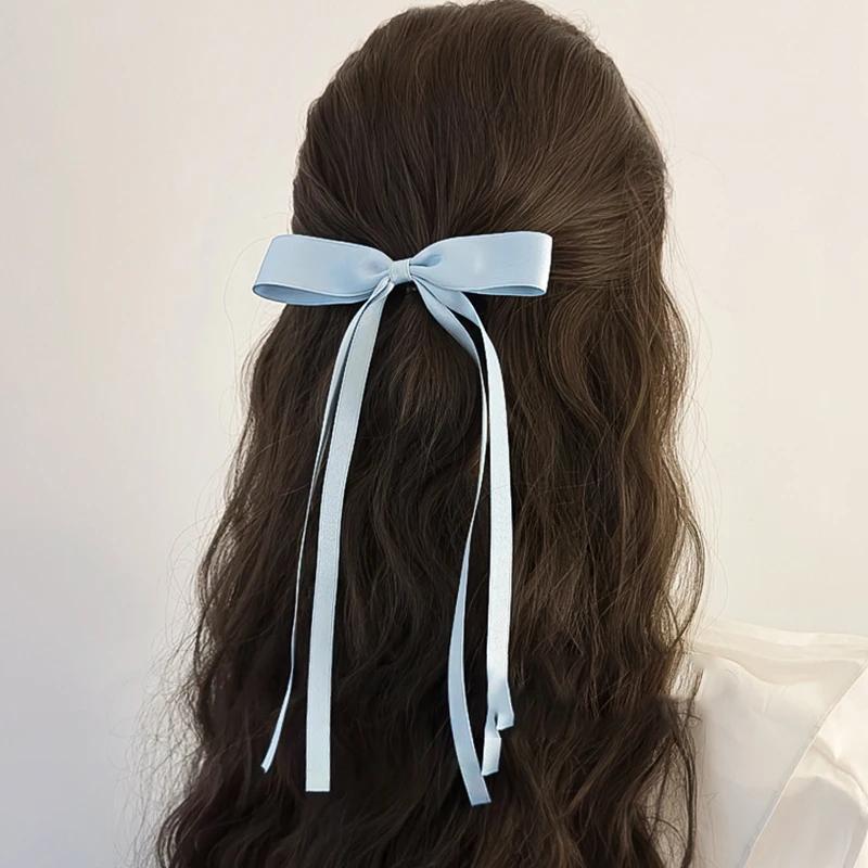 Solid Color Satin Bow Hair Clip for Woman Elegant Temperament Long Ribbon Hairpin Fashion Girl Hair Pin Hair Accessories