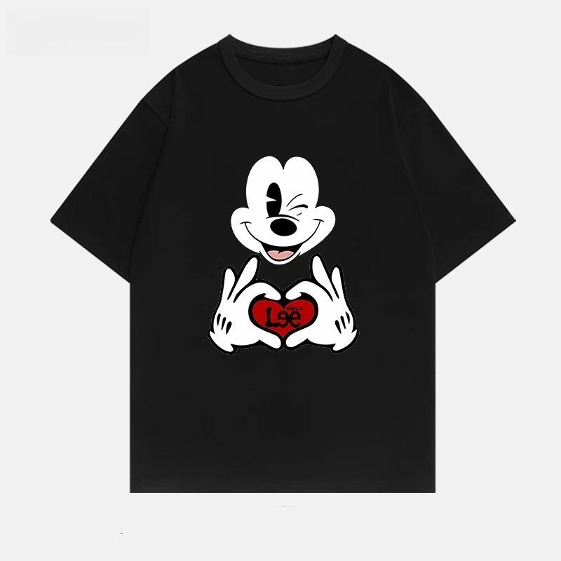 MINISO 2025 New Creative Black and White Mickey Print Women Men Couple Tshirt Casual Loose Y2K Round Neck Womens Top