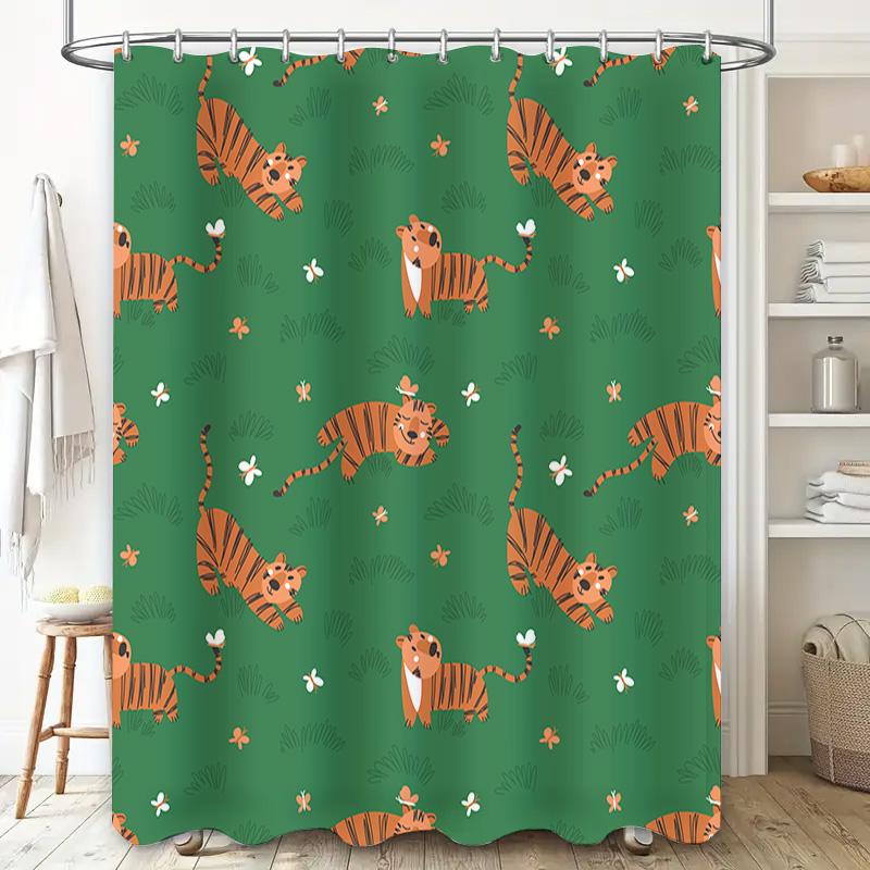 Tiger Print Shower Curtain Waterproof Fabric Decoration Home Bathroom Decor Green 3D Printing Bath Rug Set