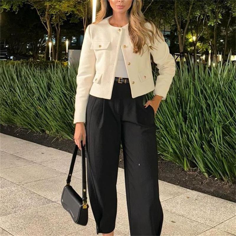Chaqueta de tweed corta para mujer, abrigo elegante de manga larga con botones, abrigos cortos para mujer, otoño y primavera