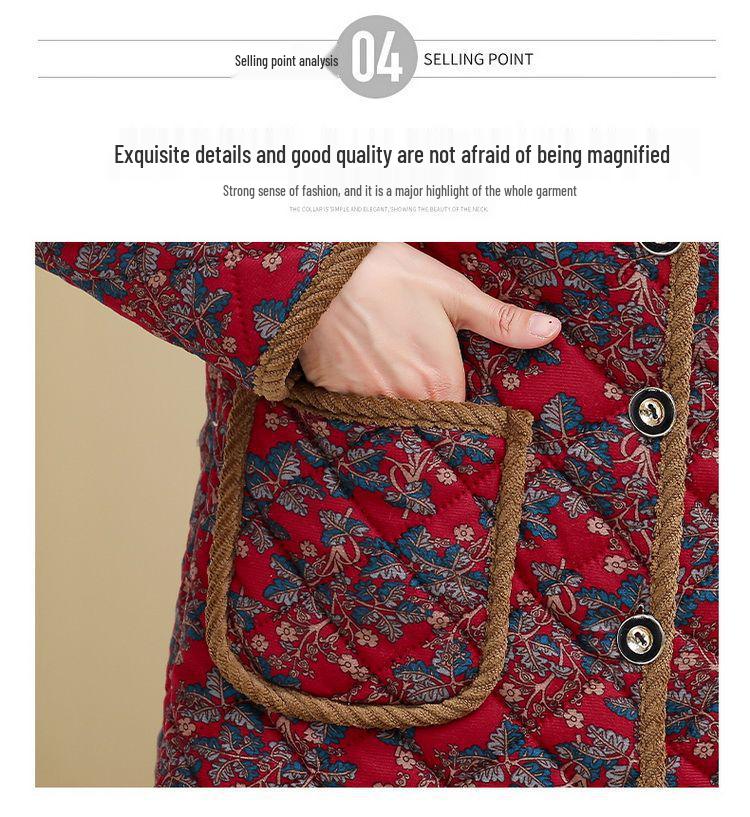 Women's Winter Floral Fleece-Lined Jacket - Thick Cotton Coat for Middle-Aged and Elderly, Long-Sleeved Cold Protection.