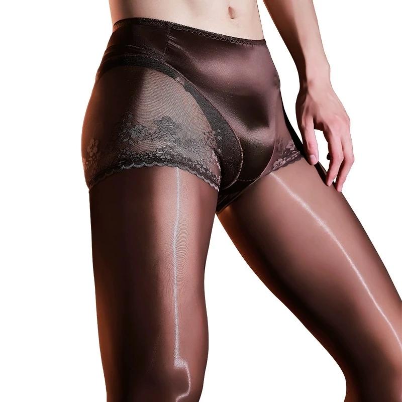 Fashion Men 5D Thin 912 Pin Oil Shiny Pantyhose 2 In 1 Briefs Underpants Patchwork Tights Man Shaping Leggings Elastic Lingeries
