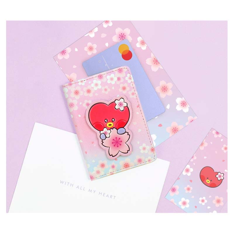 Estuche para tarjetas con parche de cuero oficial de BTS BT21 CHEERY BLOSSOM Auténtico