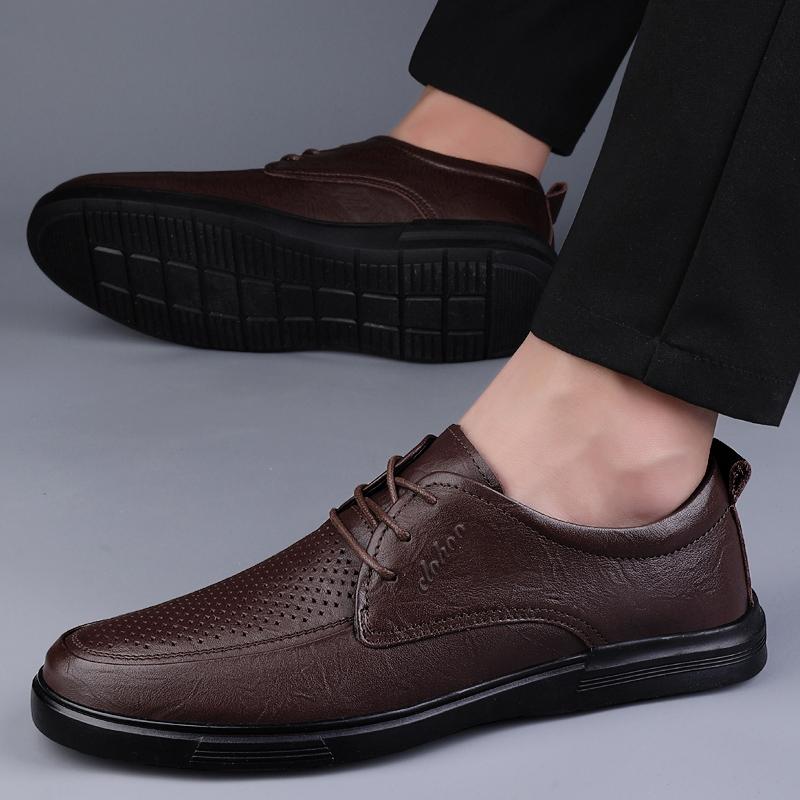 Fashion Summer Men Punching Leather Casual Shoes High Business Dress Shoes Lace Up Oxford Footwear Men Breathable Comfort Driving Shoes