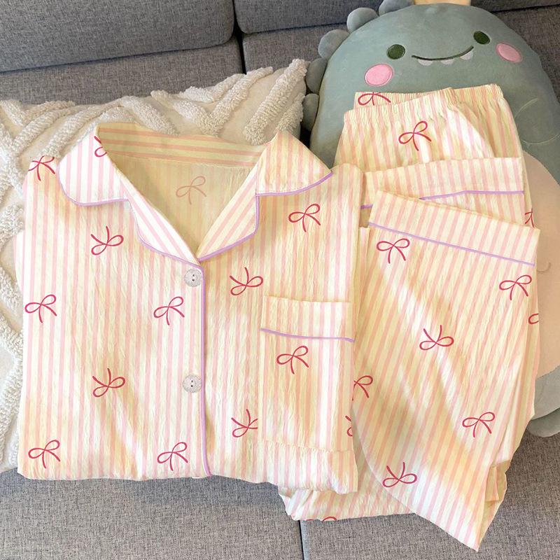 

Striped Bow Print Long Sleeve Pajamas Set - Women s Autumn/Spring M (80-100 lbs)