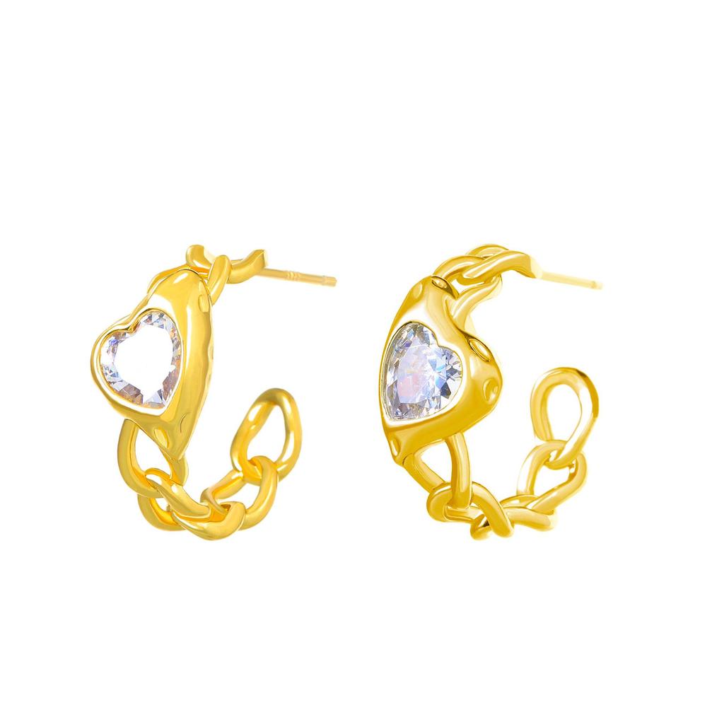 European & American Minimalist Zircon Flower Earrings with Heart Ear Cuffs - Stylish Niche Design for Women