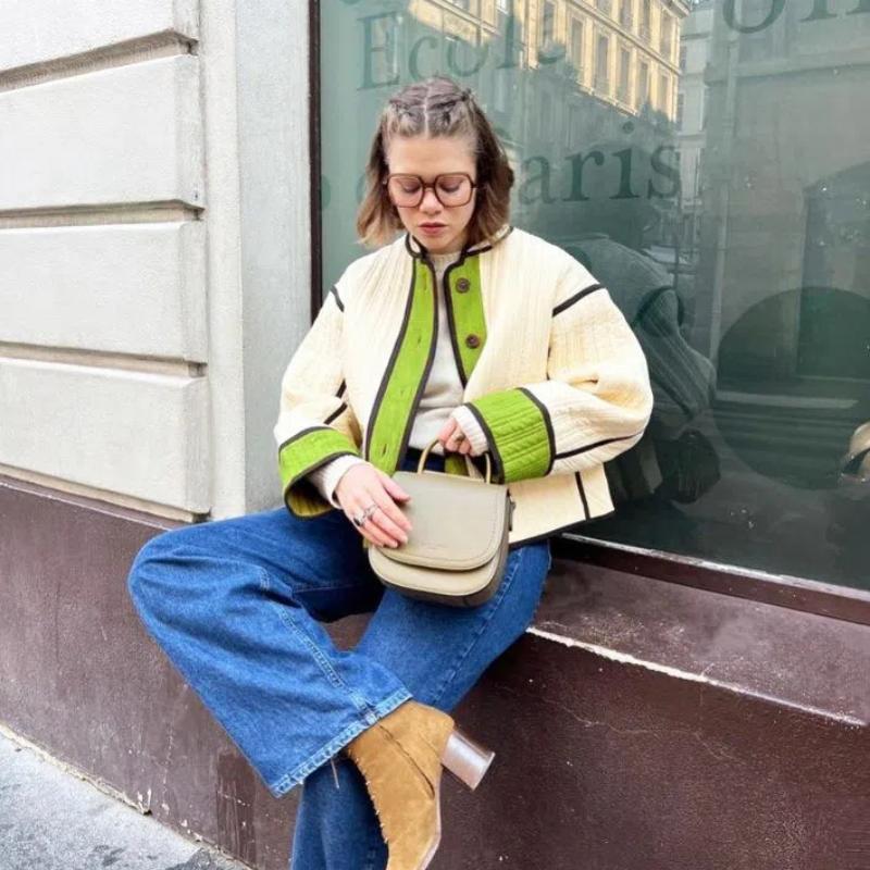 Women’s Quilted Jacket Lightweight Long Sleeve Color Block Padded Puffer Coat Outerwear
