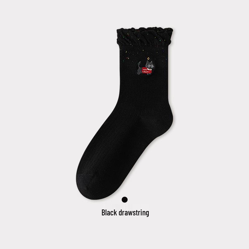 

Women s Mid-Calf Cotton Socks - Bubble Mouth Flower Petal Design, Loose Cuff, Breathable, Sweat-Absorbent, with Cat Embroidery, Black/White/Gray.