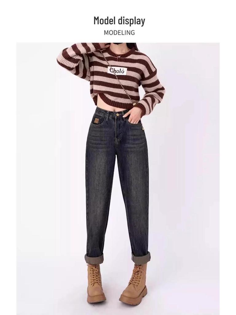 Plus Size Fleece-Lined High Waist Harem Jeans for Women - Autumn/Winter Slimming Carrot Fit