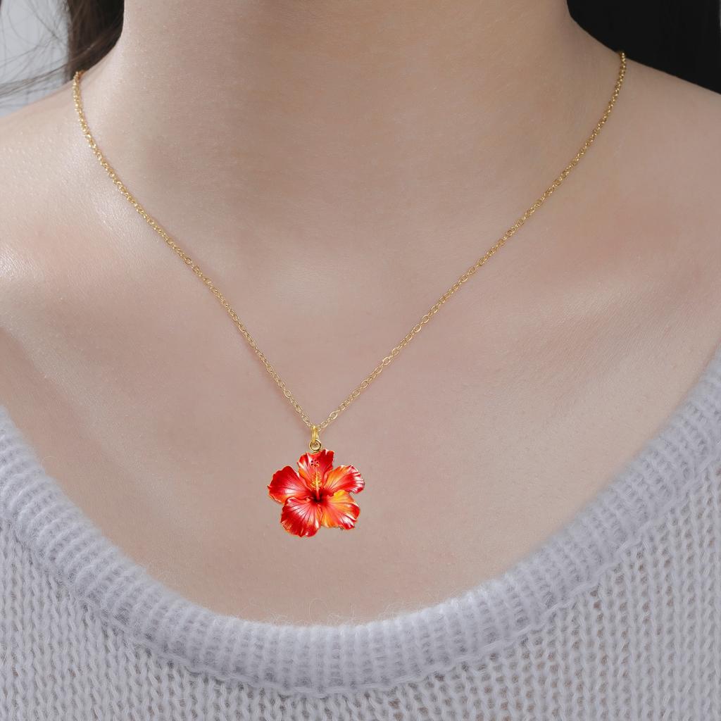 Red Hibiscus Flower Necklace Gold Plated Stainless Steel Pink Hibiscus Flower Necklaces for Women Jewelry Gift
