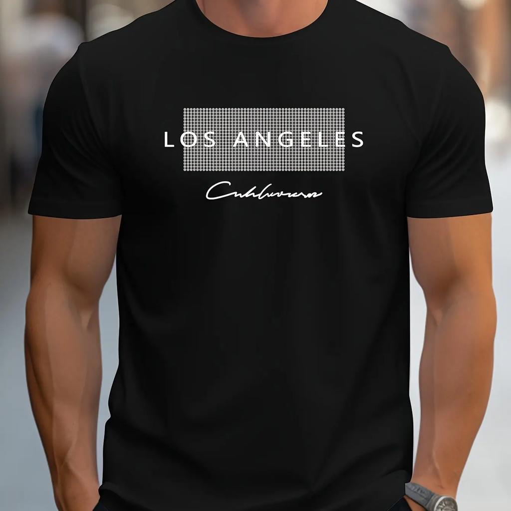 Men's Summer Loose Fit Large Los Angeles Graphic Printed Slim Fit Casual Sports Round Neck Short Sleeved T-shirt Top