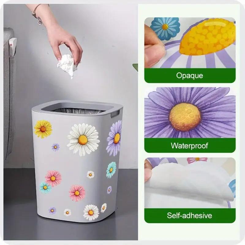 3 Pcs Floral Wheel Trash Can Stickers Self-Adhesive Pvc Decals Daisy Garbage Can Stickers Fridges Home & Wall Decor Weatherproof