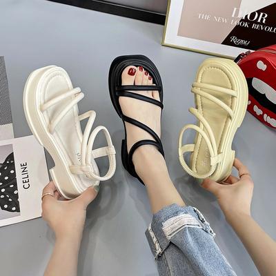 2024 New Roman Sandals Platform-soled Fashion Versatile with Skirt One-word Soft-soled Beach Shoes Women