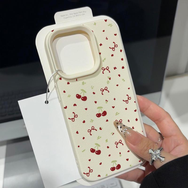Little Cherry Bowknot Print Soft Matte Case For iPhone 16 Pro Max 15 Pro 14 13 12 11 TPU Leather Texture Shockproof Slim Phone Cover