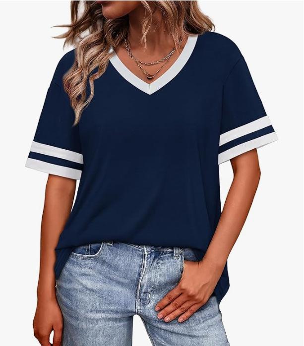 2026 Women's V-Neck Striped Color Block Loose Casual Sports Top