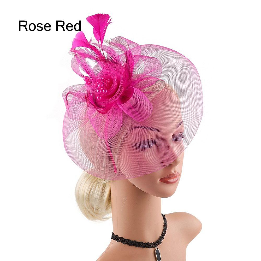 

Церковная шляпка-фасинатор Кентукки Дерби из жемчужной сетки с цветком и перьями для женщин розы красного