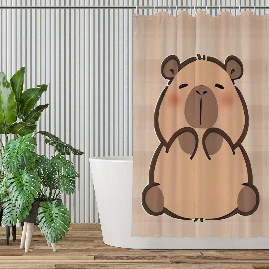 Capybara Shower Curtain – Cute Cartoon Animal, Kawaii Style With Plaid Background, Polyester, Includes Hooks