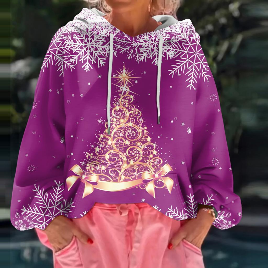 Dámská vánoční potištěná volná ležérní mikina s dlouhým rukávem a kapucí