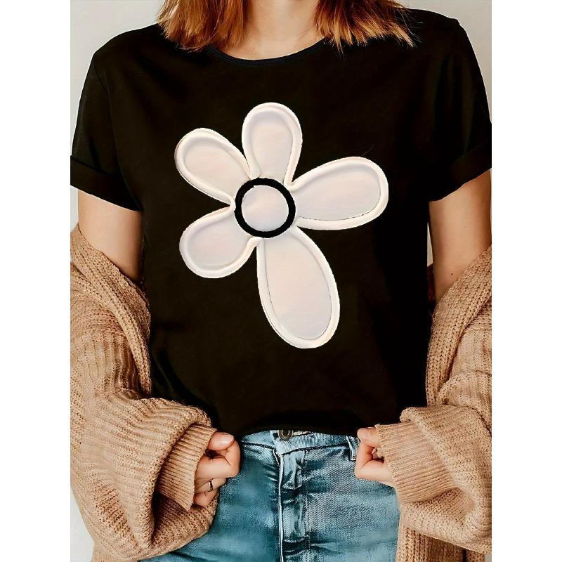 

Women s Black White Geometric Floral T-Shirt Crew Neck Short Sleeve Soft Breathable Lightweight Machine Washable Casual Top Local Delivery 4XL чорний