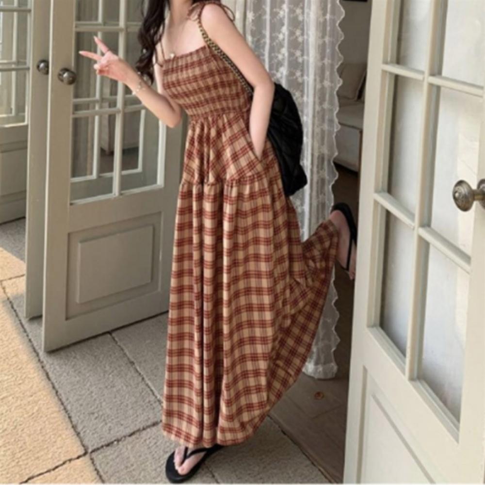 New ArrivAlS Open Run Women S Check PAttern buStier A Line Long dreSS