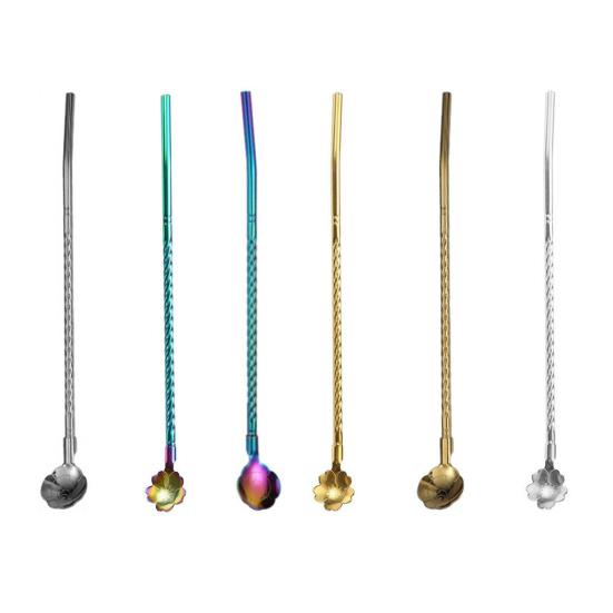 Yousheng Sakura Straw Spoon, 304 Stainless Steel Straw for Coffee Stirring, Reusable Drinking Straw for Juice Milk Tea