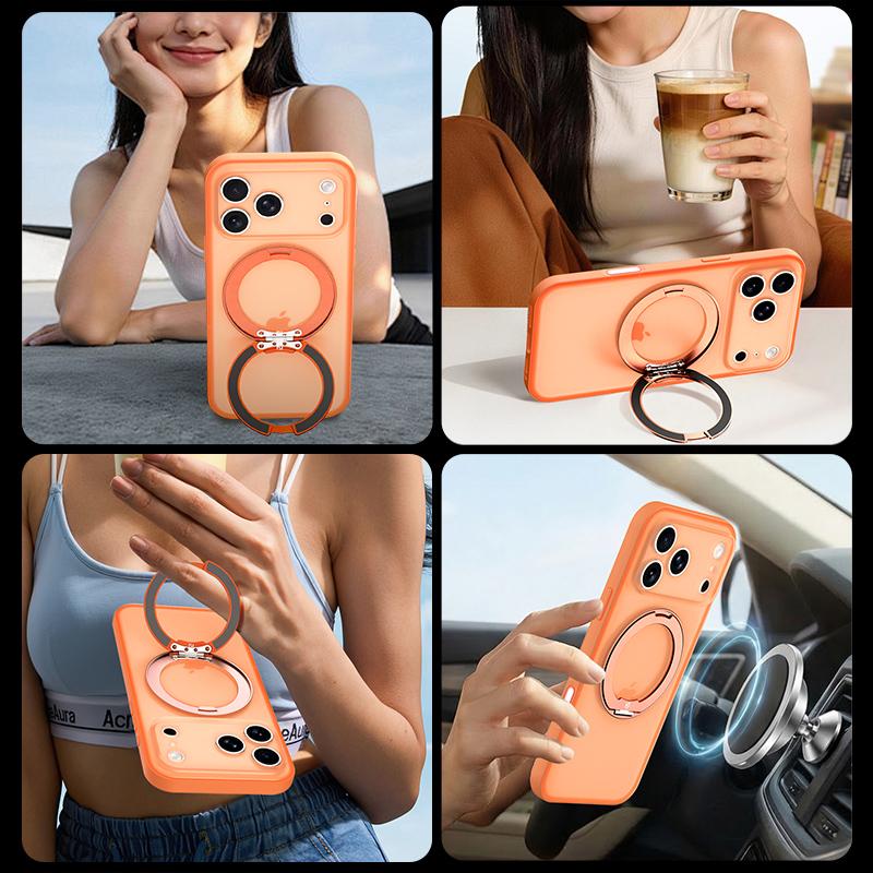 Full-coverage Clear Magnetic Phone Case for iPhone 17 15 16 Pro Max for MagSafe with 360° Rotating Stand Lens Protector Cover
