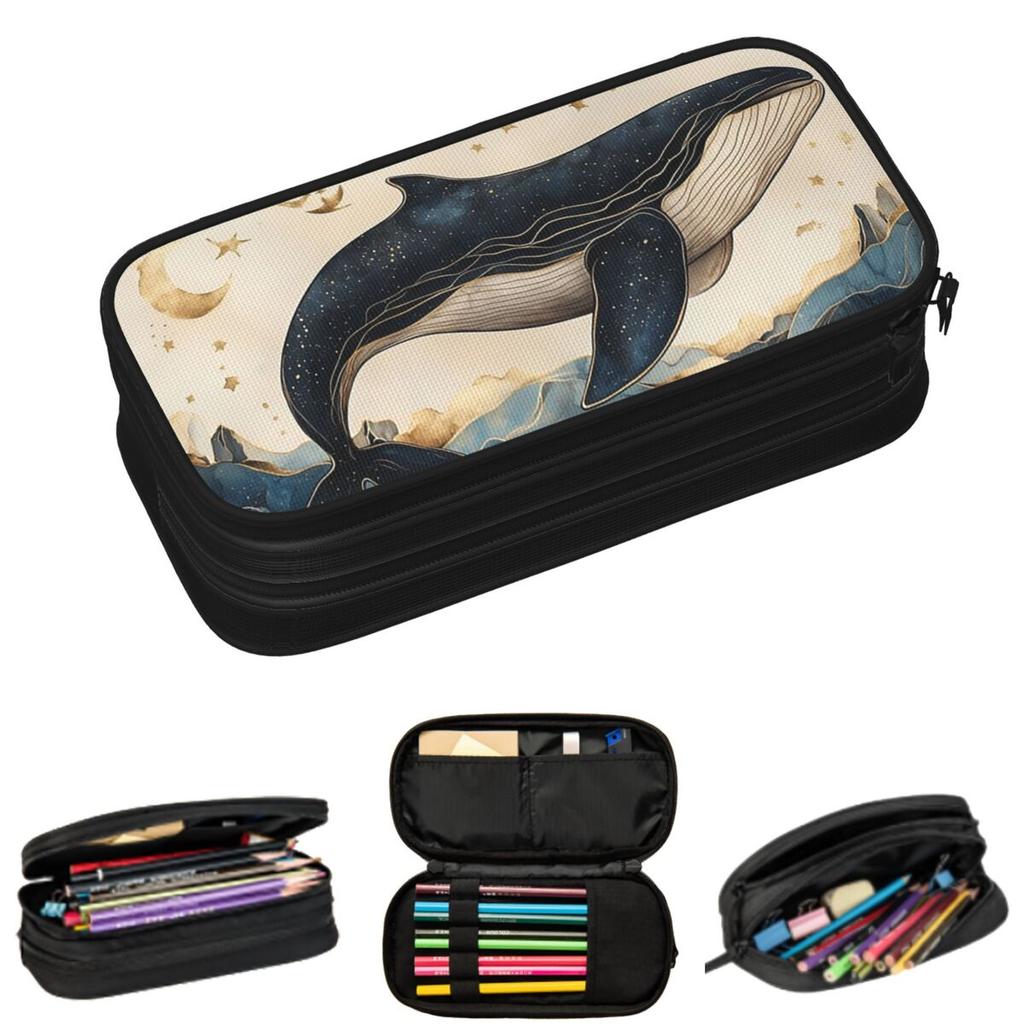 Golden Blue Aesthetic Whale Pencil Cases for Students Gifts Pen Box Pencil Bag Big Capacity Pencil Pouch