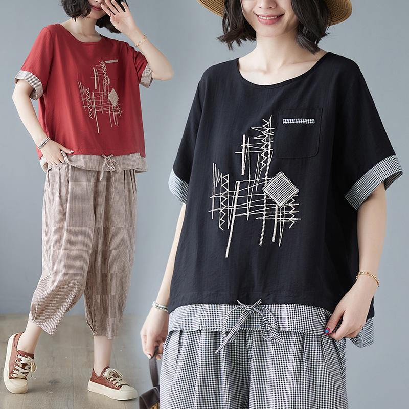 

DIMANAF 2023 Большие размеры, летний комплект из двух предметов из хлопка и льна с вышивкой, свободный верх с эластичной резинкой на талии и широкие брюки для женщин