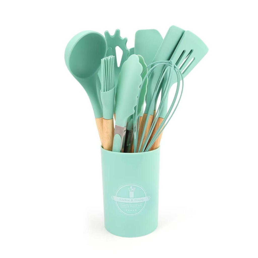 12-Piece Silicone Kitchenware Set: Non-Stick Cooking Tools with Wooden Handles In Barrel Packaging