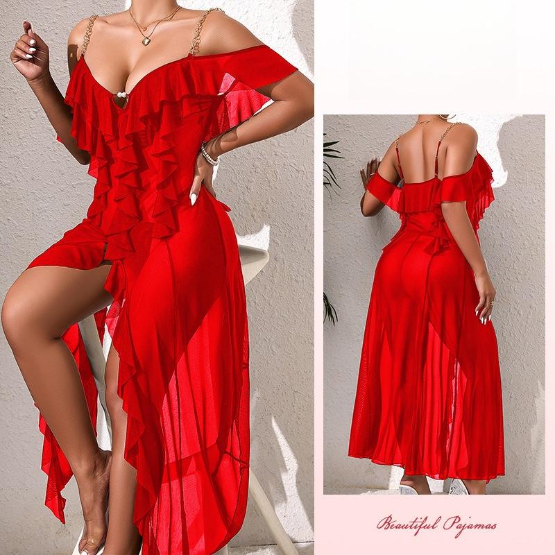 Plus Size Solid Color Mesh Nightgown Metal Chain Strap Cami Multi-Color Loungewear 902 Inclusive Stylish Sleepwear with Trendy Metal Chain Straps