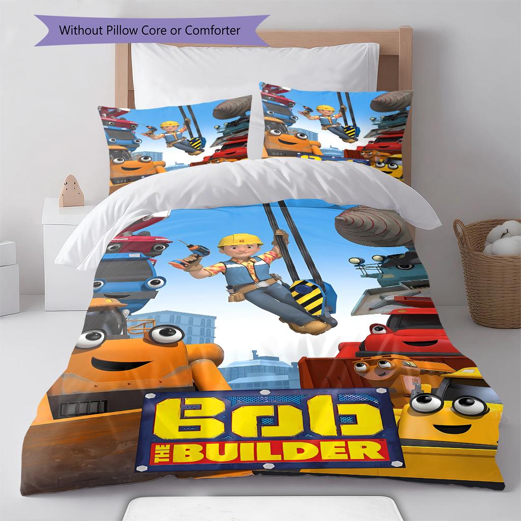 Bob the Builder Pattern Bedding,Quilt Set Quilt Cover Pillowcase Home Birthday Gift (1 * Duvet Cover + 2 * Pillowcase, Without Core)