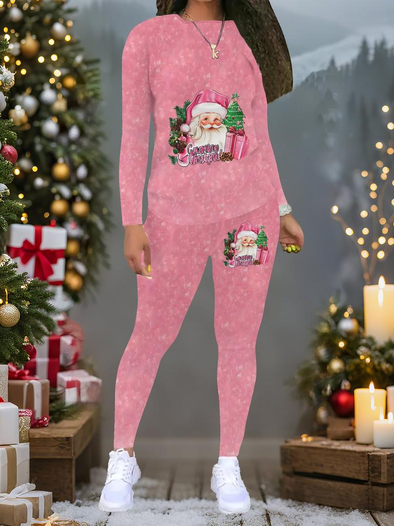Damen Weihnachts-Print 2-teiliges Outfit: Langarmshirt mit Rundhalsausschnitt und Hose, limitiertes Freizeit-Party-Geschenkset
