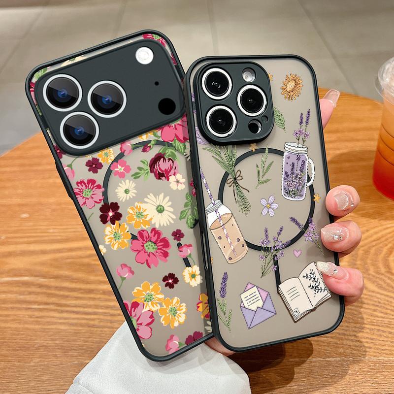 Translucent Matte Magnetic Case For iPhone 17 16 15 Pro 14 13 Pro Max 16e 17e For Magsafe Sunflower Pattern Hard PC Back Cover