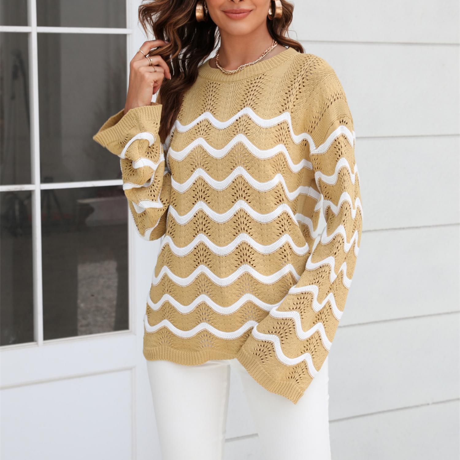 

2023 Осенний женский повседневный трикотаж с длинными рукавами, ажурный пуловер, свободный свитер XL хаки