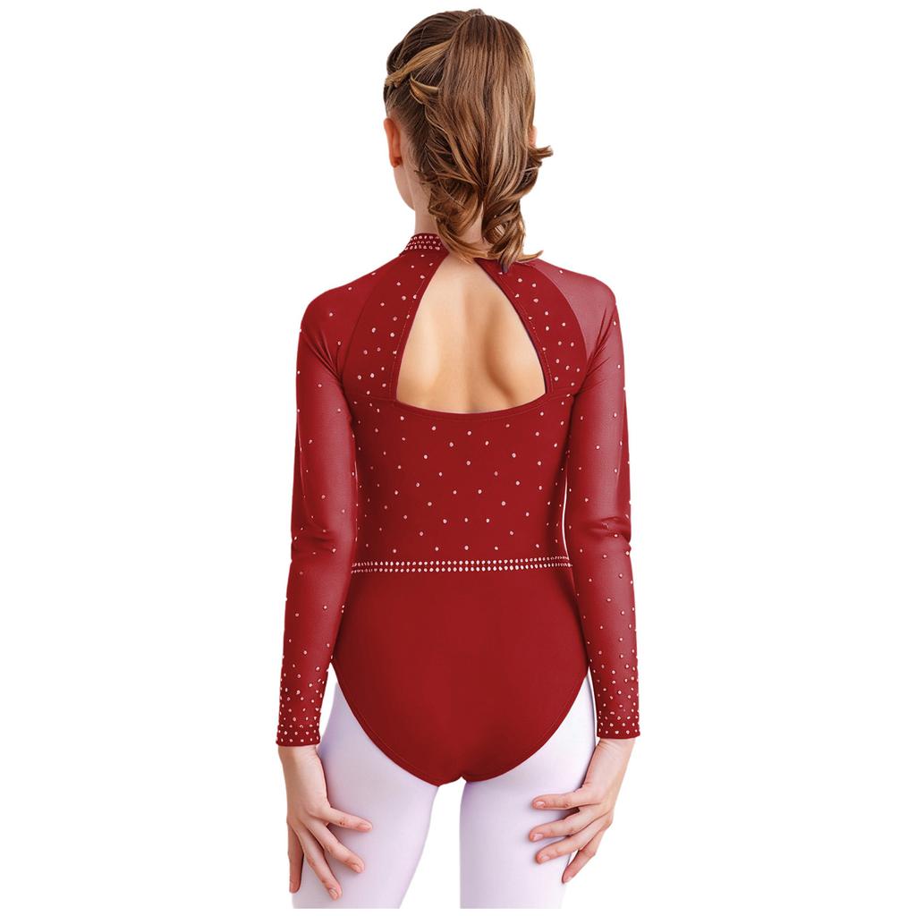 Dívčí průhledný síťovaný trikot s dlouhým rukávem, kamínky, gymnastický, s vykrojením vpředu a vzadu, body
