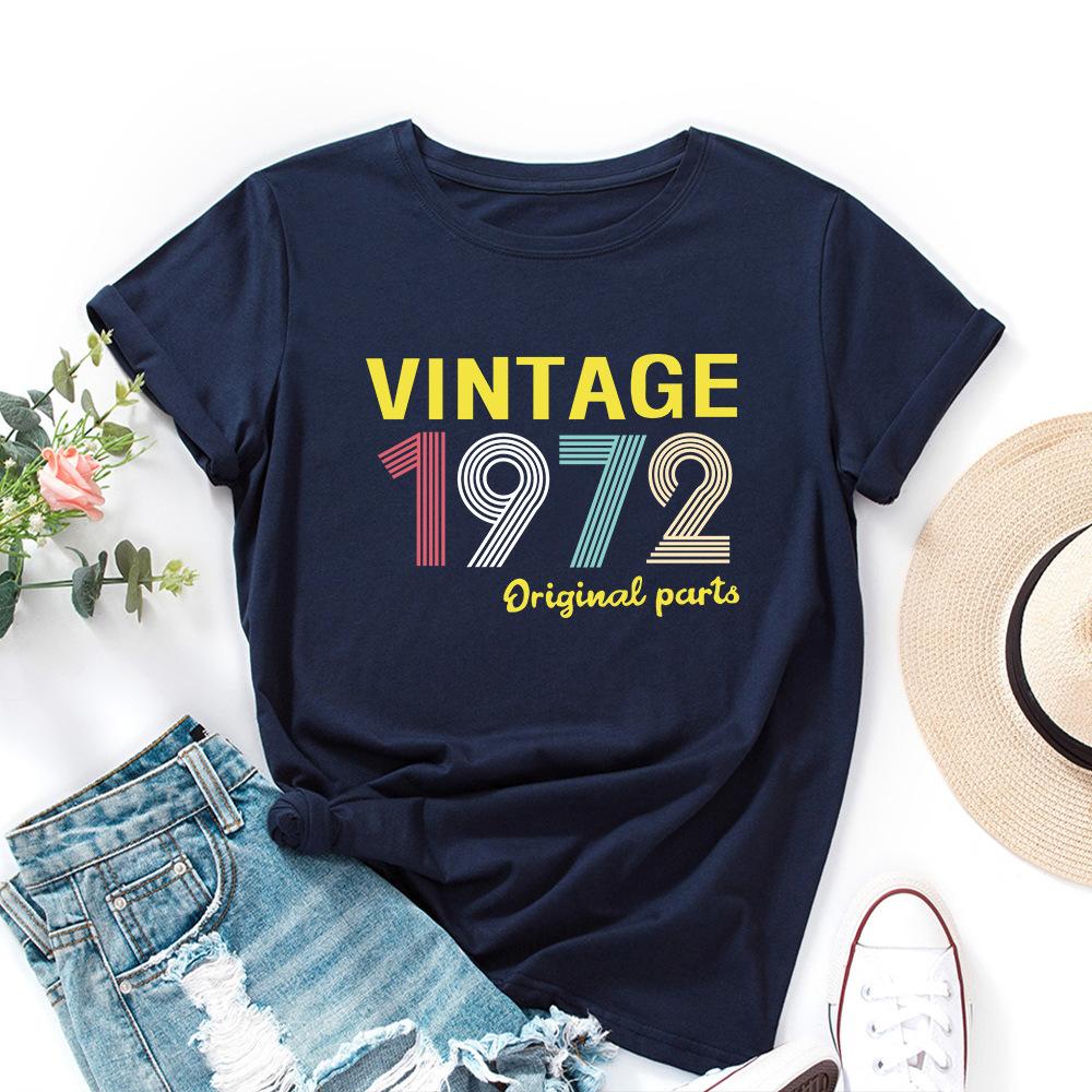 1972 Vintage Alphabet Cotton T-Shirt Short Sleeve Round Neck Women 2d Print Tops