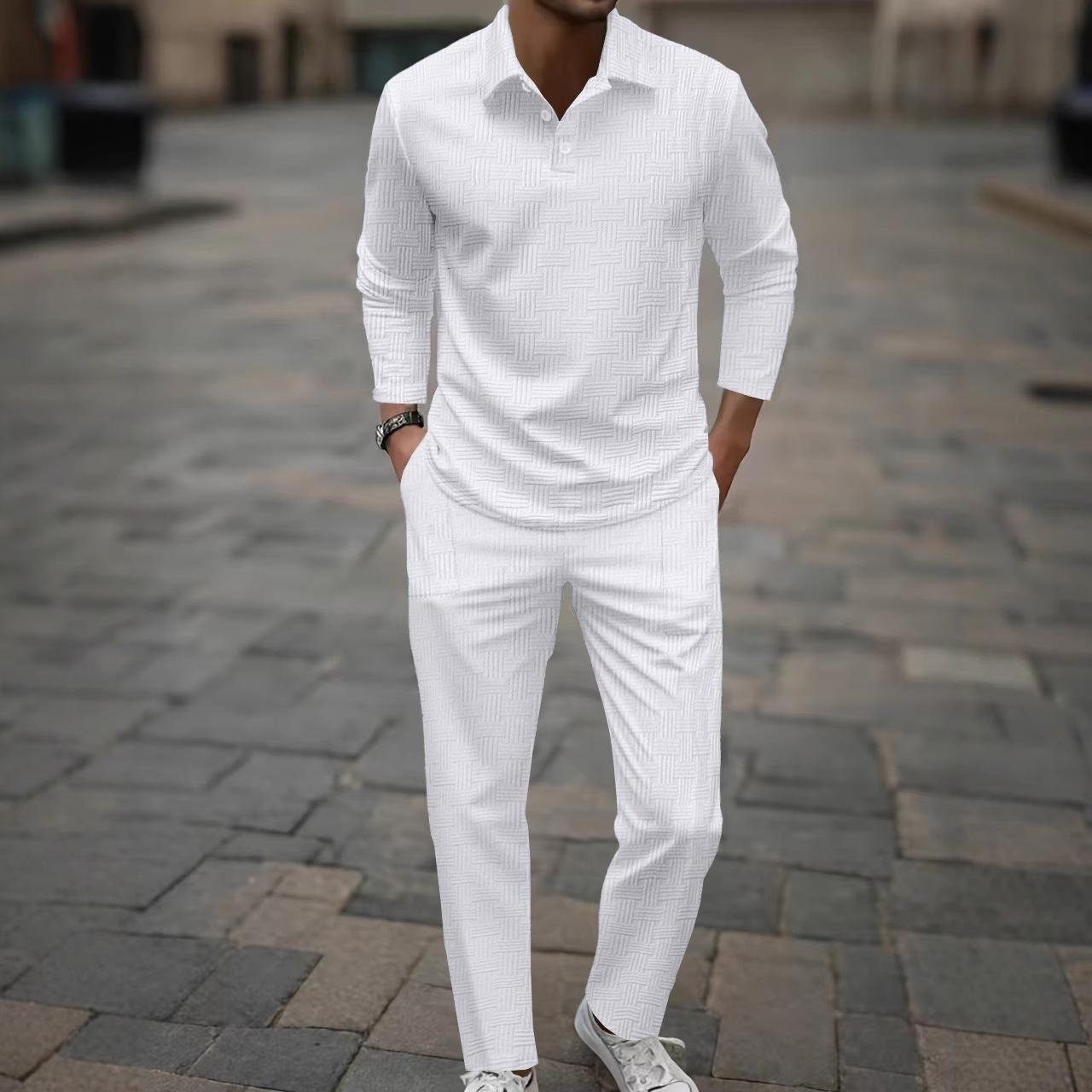 Men Casual Jacquard Turn Down Collar Long Sleeve Polo Shirt Long Pants Set S
