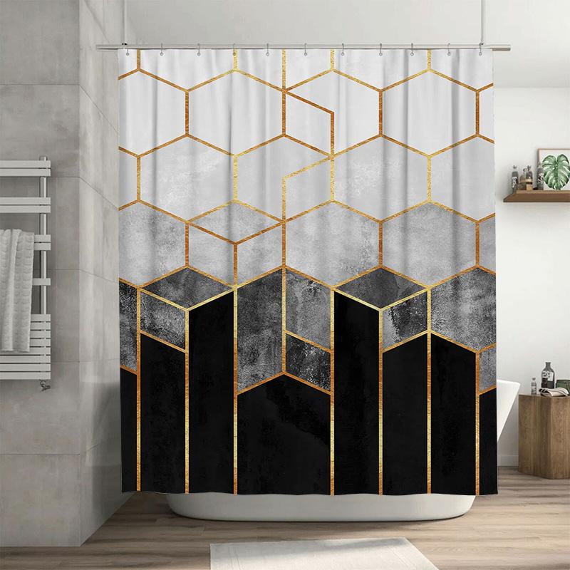 

Modern Geometric Hexagon Shower Curtain Set Elegant Metallic White Black Design With Water-Resistant Fabric For Bath Decorations W60H190(CM)-1 Pcs