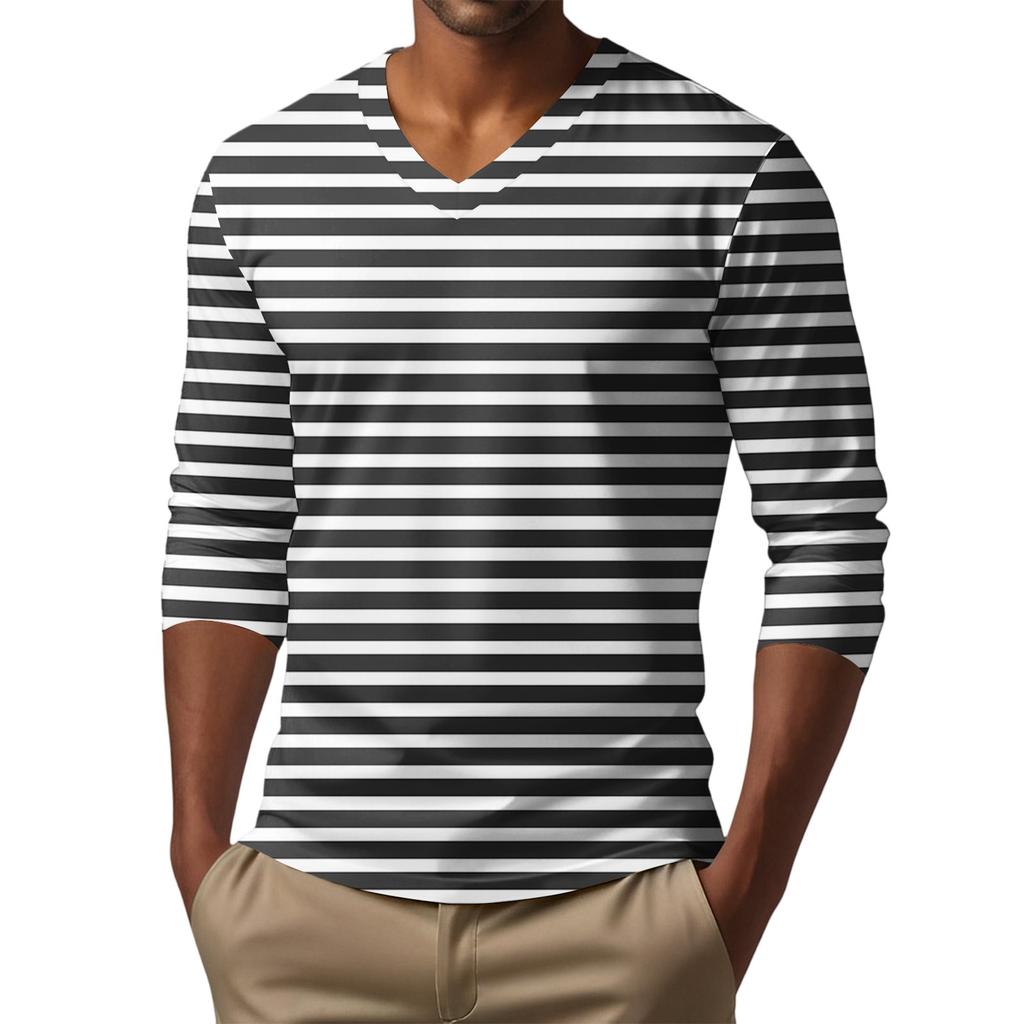 Men's V-neck Casual Fashion Printed Long-sleeved T-shirt Top
