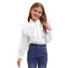 Mädchen Elegante Knopfbluse Schnürkragen Künstliche Perlen Tüllrüschen Langarmhemd